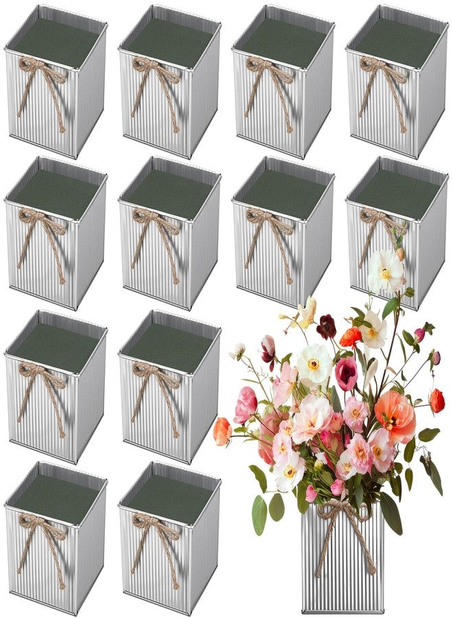 Ninehaoou 12 Set Galvanized Metal Vases for Flowers 3.5 x 3.7 Inch Farmhouse Square Mini Tin Bucket with Removable Flower Mud Liners & Twine Bow Vintage Rustic Decor for Wedding Table Centerpiece - Image 1